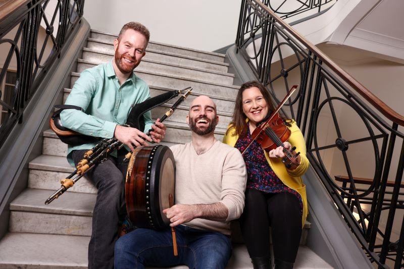 The Rossana Trio Mark Redmond (uilleann pipes, whistles, flute), Robbie Walsh (bodhrán) and Lynda O’Connor (violin/fiddle) at the launch of the Wicklow Teaching Residency